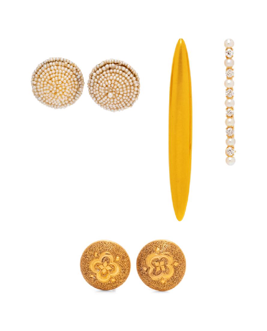 A Collection of Antique Gold and Gold Filled Jewelry,: consisting of a pair of 14 karat yellow gold earclips containing numerous seed pearl beads, a pair of gold filled earclips, a 14 karat bar brooch by Carter Gough & Co., together with a 14 karat bar br