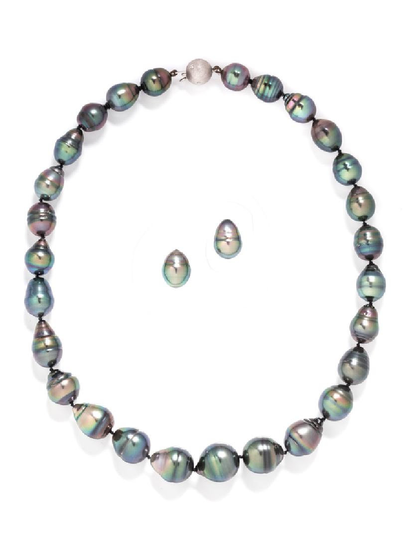 A Collection of Tahitian Baroque Cultured Pearl: consisting of a necklace containing 27 Baroque pearls, knot strung with a 14 karat white gold clasp containing eight round brilliant cut diamonds, together with a pair of yellow gold stud earrings con