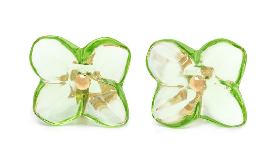 A Pair of 18 Karat Gold and Crystal Flower Convertible: containing green and clear crystal interchangeable petals, omega clip backs. Stamp: Baccarat (French hallmarks). 13.50 dwts. Provenance: Property from a Private Estate, Highland Park, Illinois