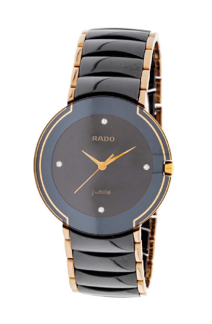 A Goldtone, Stainless Steel and Ceramic 'Jubile': 32.00 mm case diameter, black dial signed RADO, single cut diamond numeral markers at 3, 6, 9 and 12 o'clock, gold dauphine hands, snap on case back, quartz movement, black ceramic case and link brace
