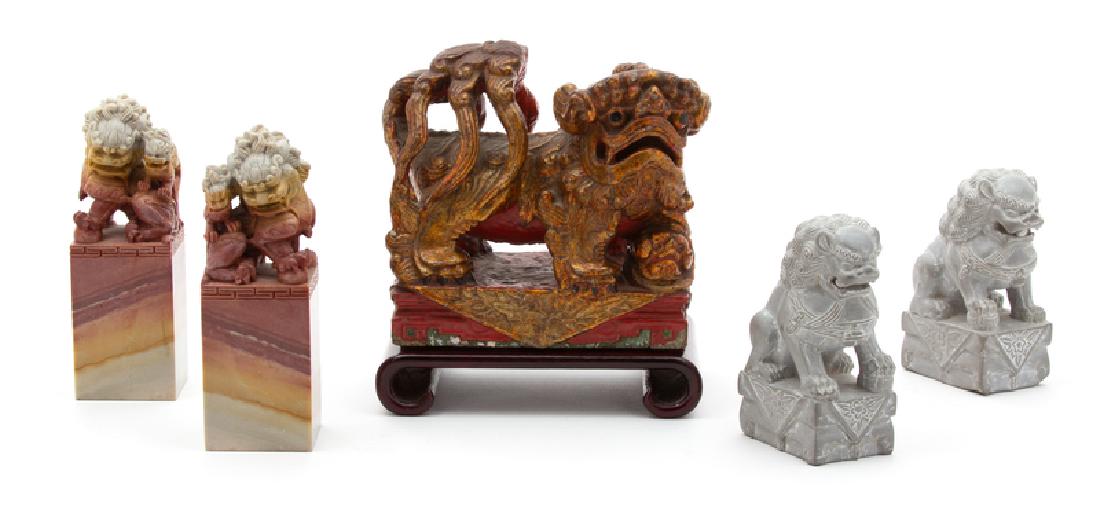 *Two Pairs of Chinese Fu Dog Seals and a Red and Gilt: 20TH CENTURY Height of taller 5 3/4 inches. Provenance: Property from the Collection of M. Anthony Greene, Atlanta, Georgia