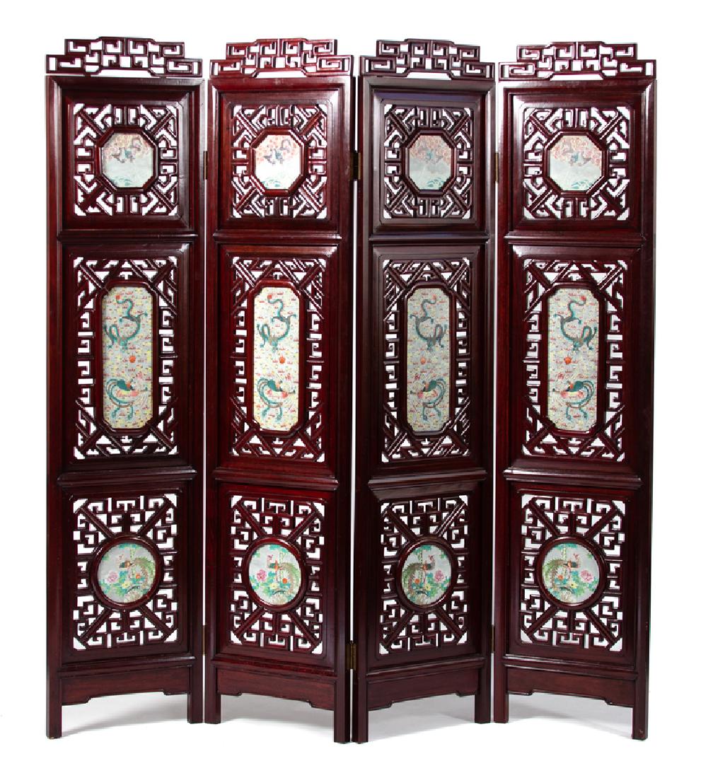*A Chinese Carved Hardwood Porcelain Inset Four Panel (1 of 1)