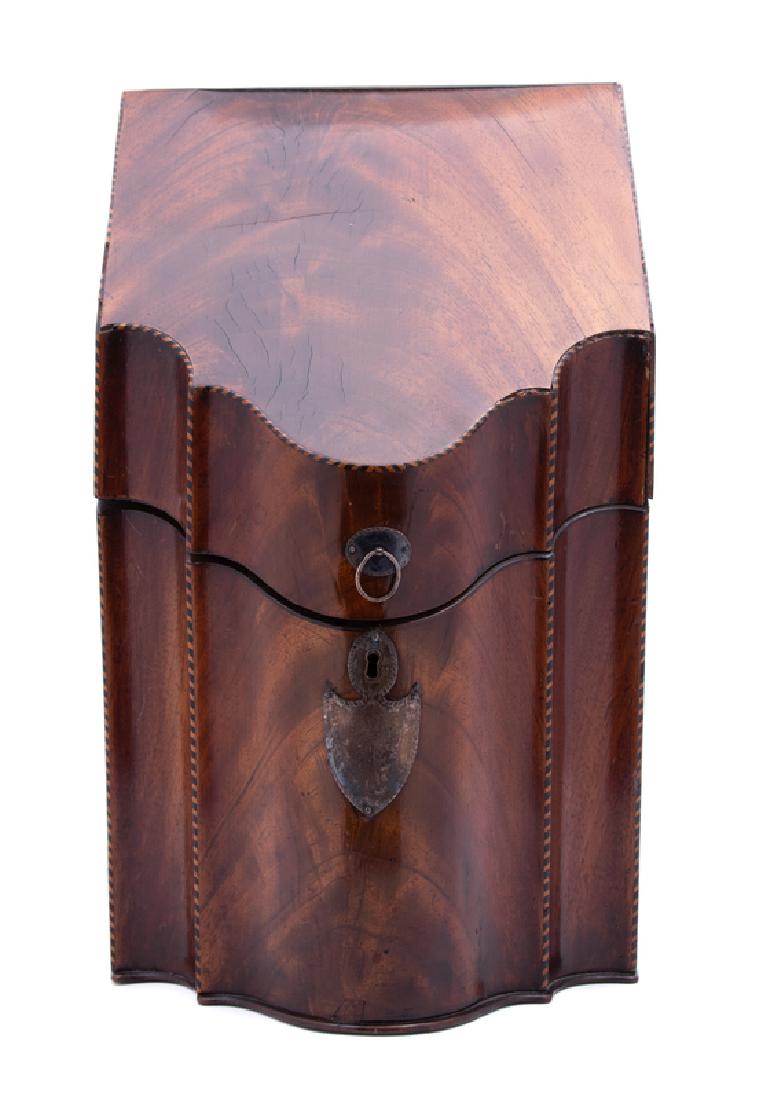 A George III Serpentine-Fronted Mahogany Knife Box: EARLY 19TH CENTURY Lacking interior fittings. Height 14 x width 8 3/4 x depth 11 inches. Provenance: Property of an Atlanta Private Collector
