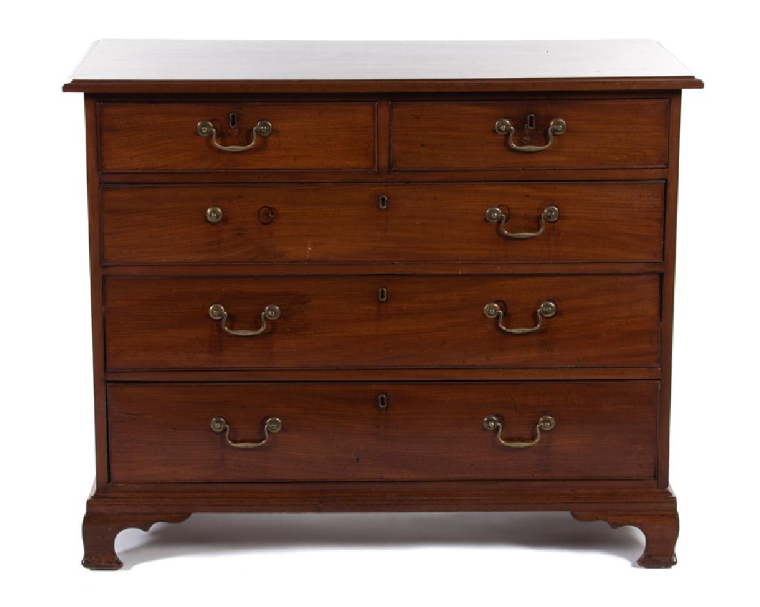 A George III Mahogany Chest of Drawers: The rectangular top above two short and three long drawers, raised on bracket feet. Height 36 x length 44 1/2 x depth 21 inches. Provenance: Property of an Atlanta Private Collector