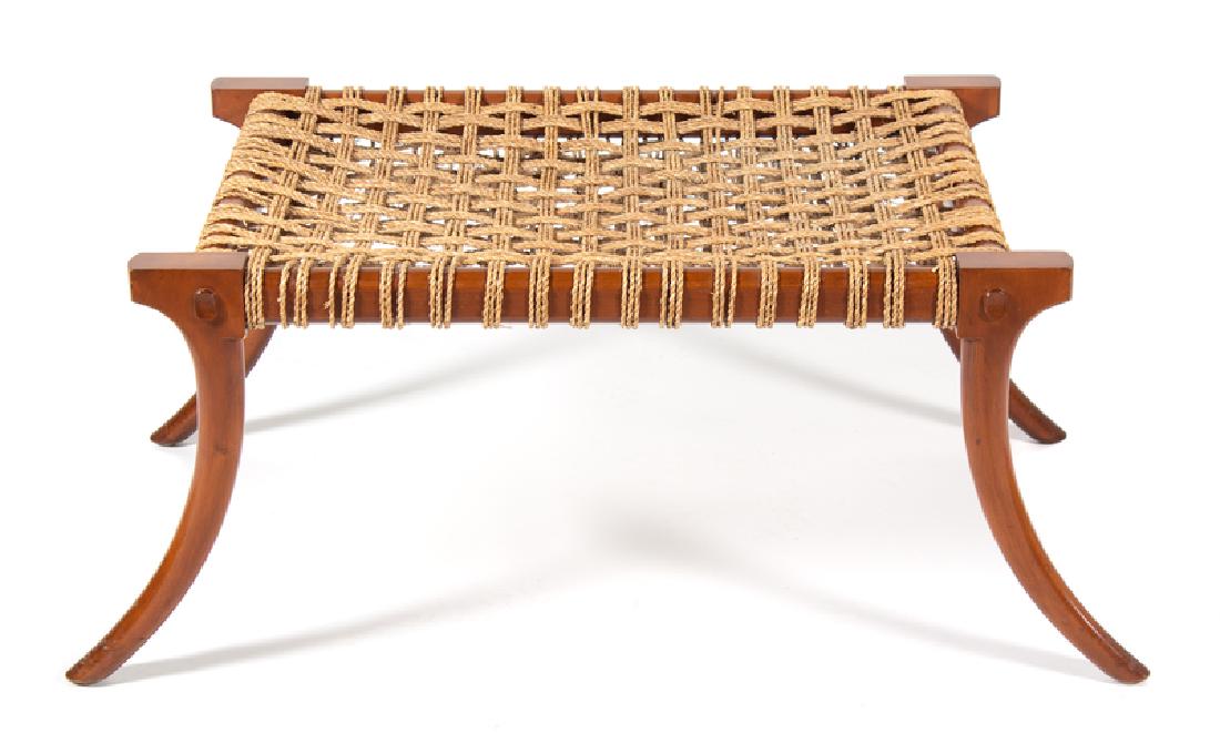 A Klismos Style Fruitwood and Rope Bench: Height 18 1/4 x length 36 x depth 24 inches.