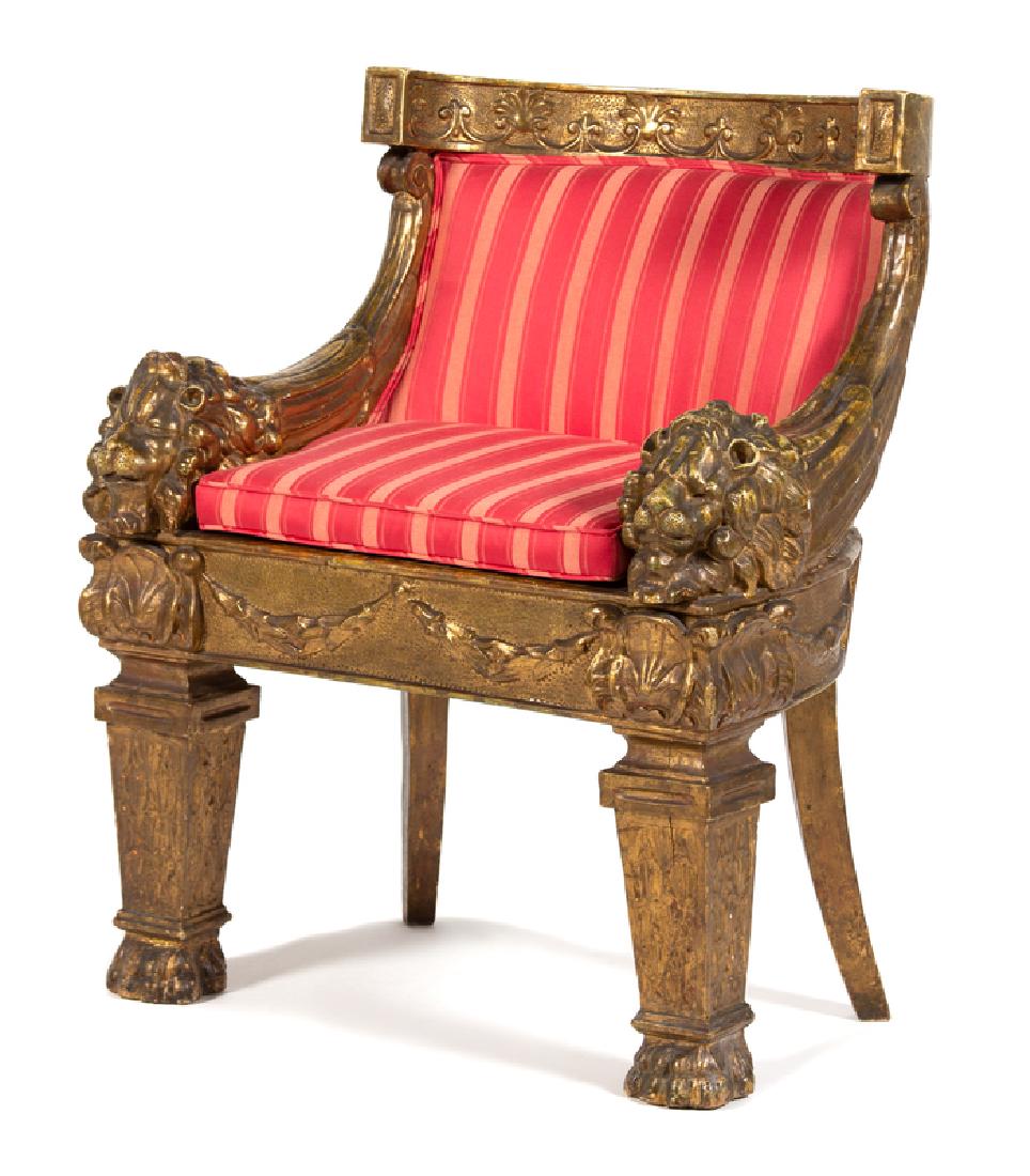 *A Louis XIV Style Giltwood Barrel Back Lion Chair : Height 35 1/2 x width 30 inches. Provenance: Property from the Collection of M. Anthony Greene, Atlanta, Georgia