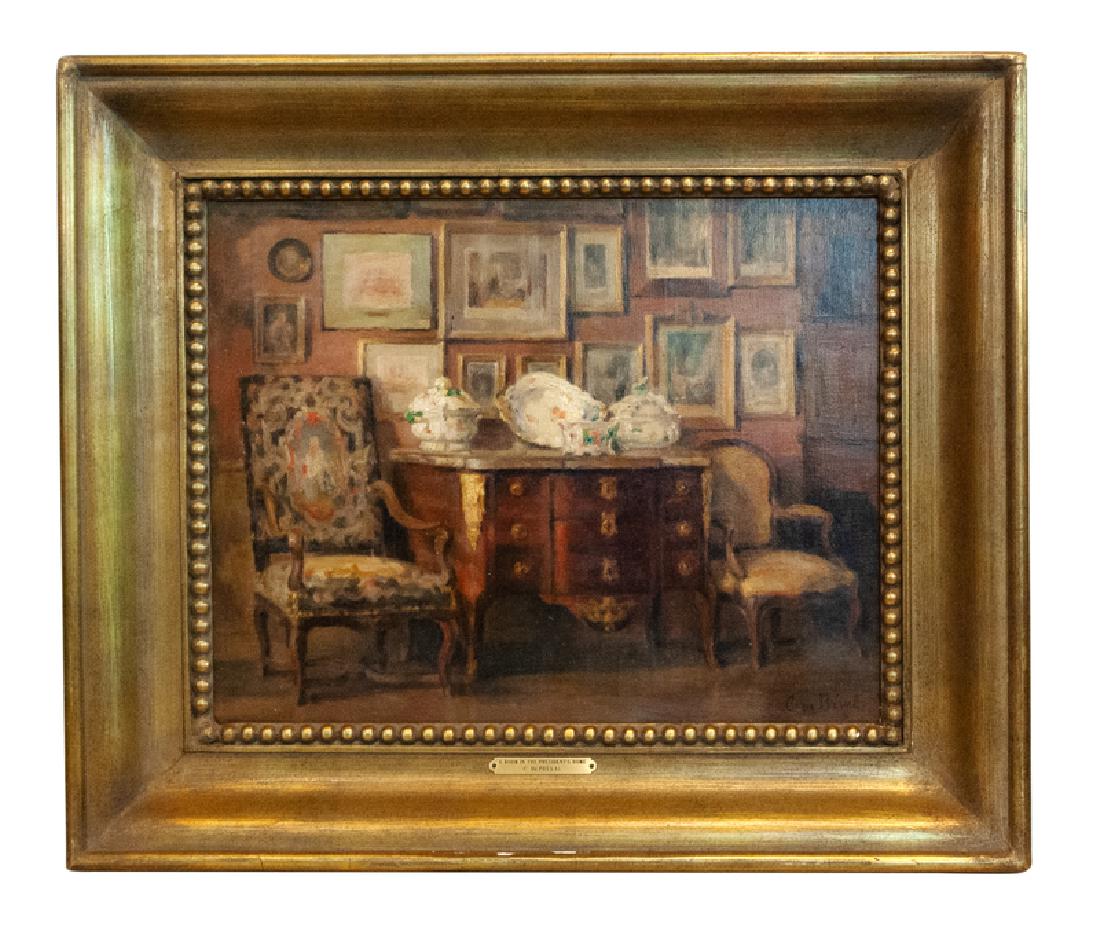 *Christiane de Preval (French, born 1876): Christiane de Preval (French, born 1876) A Room in the President's Home Oil on canvas Signed lower right 13 x 16 1/4 inches Provenance: Connoisseurs Ltd., Lake Forest, Illinois, 1991 Alan Carr, purcha