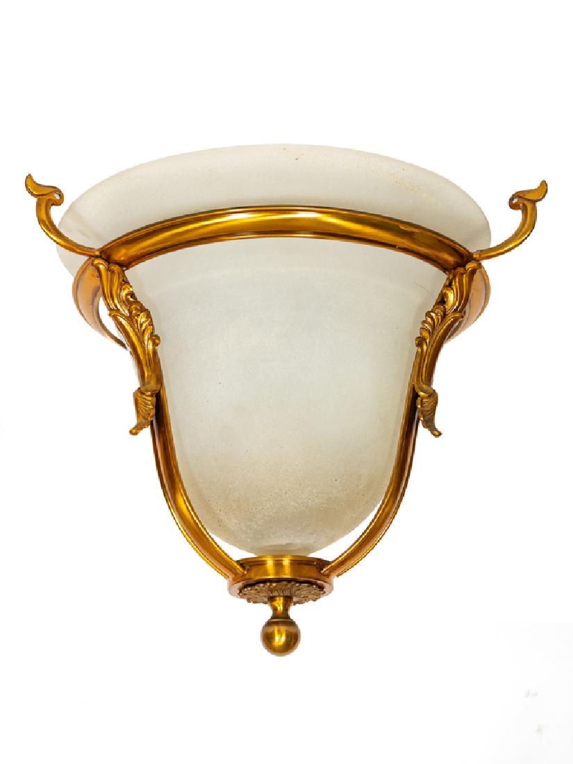 A Pair of Bronze and Opaque White Glass Pendant: A Pair of Bronze and Opaque White Glass Pendant Lanterns 20TH CENTURY Height 31 x diameter 15 inches 20TH CENTURY