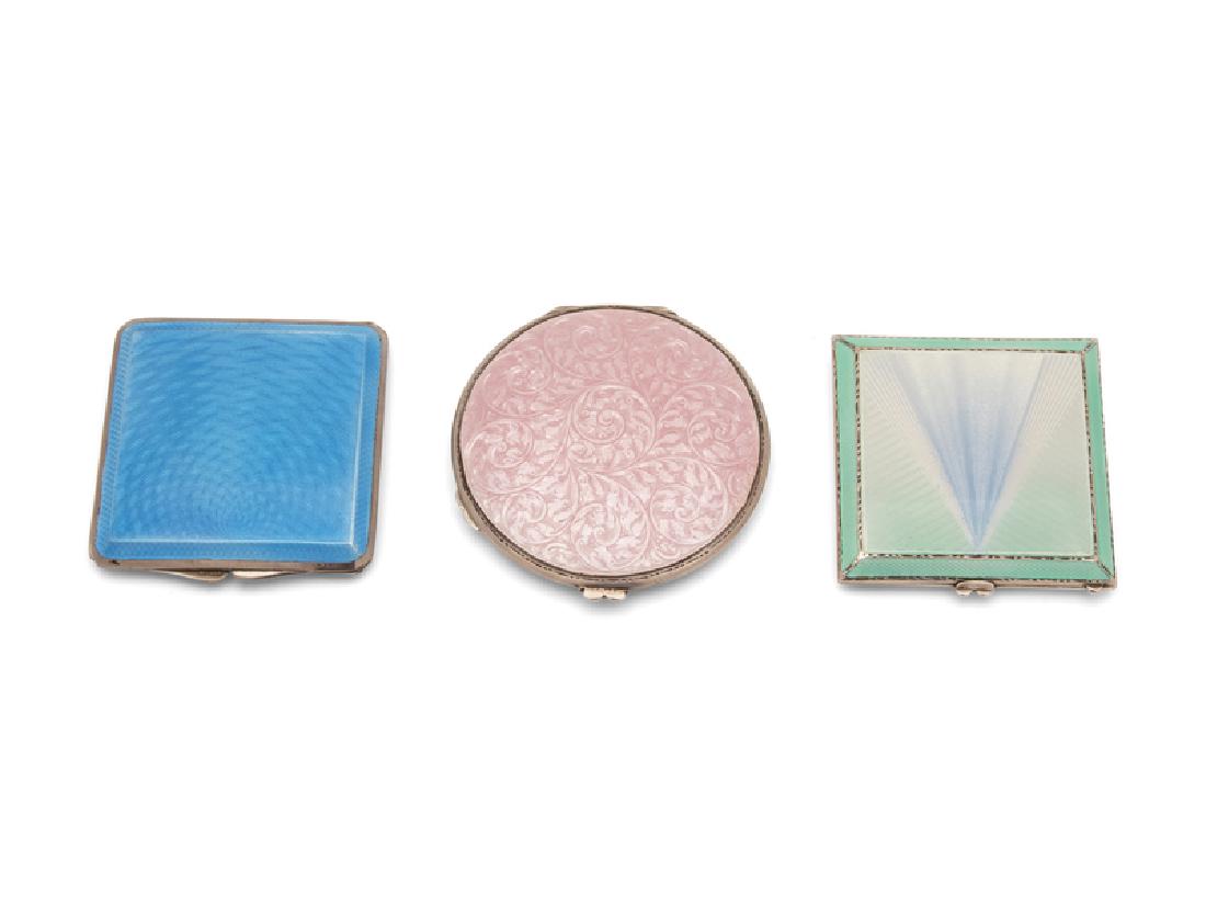 Three English Art Deco Guilloche Enamel Silver Compacts (1 of 1)