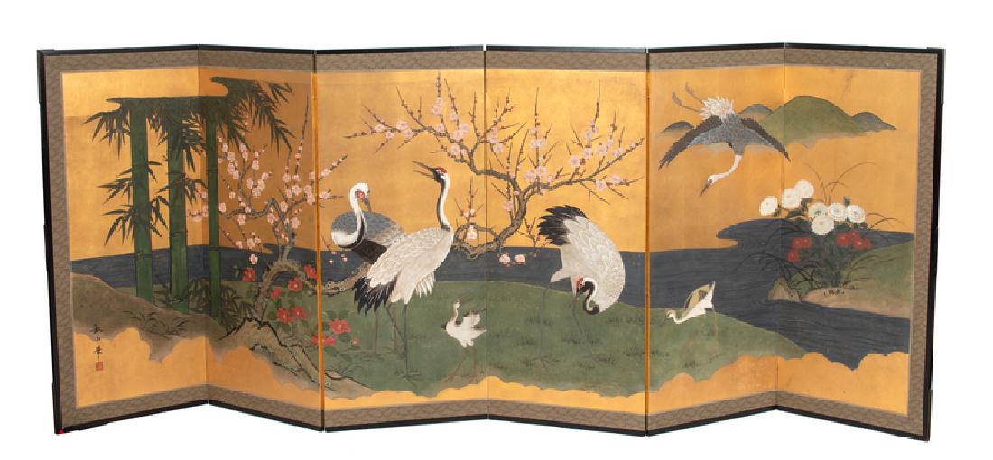 A Japanese Watercolor on Paper Six-Panel Floor Screen (1 of 1)