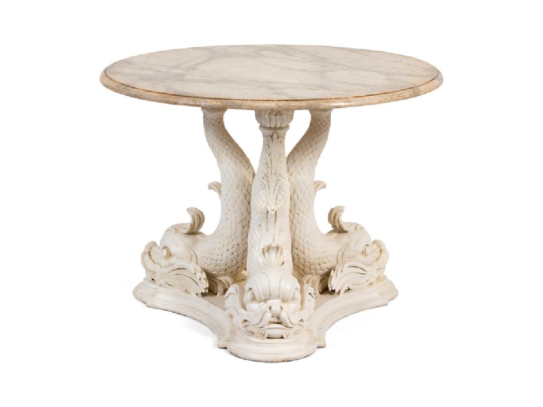 A Carved and White Painted Circular Dolphin Base Table (1 of 1)