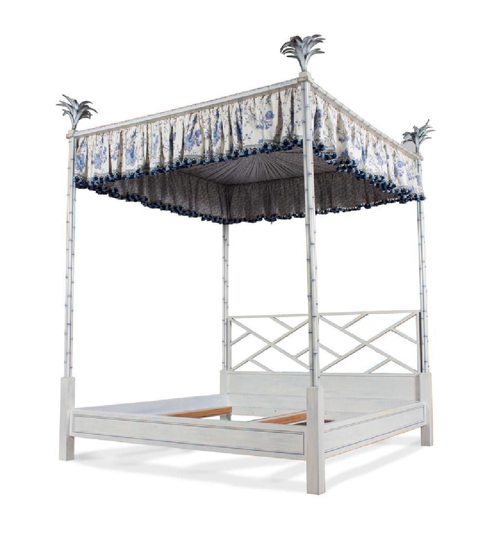 A Blue and White Painted Bamboo Style Four Poster Bed  (1 of 1)