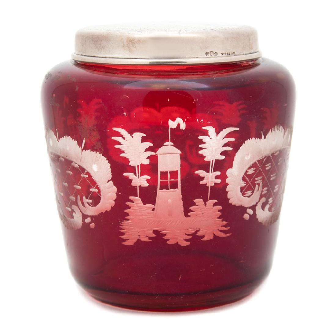 An English Cranberry Glass and Silver Covered Jar (1 of 1)