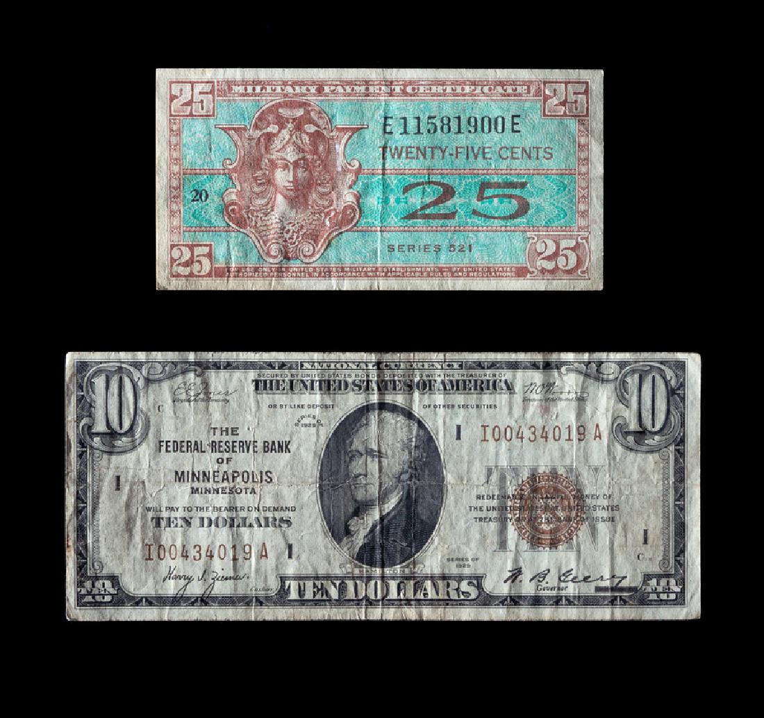 *A United States Series 1929-I $10 Federal Reserve Bank: *A United States Series 1929-I $10 Federal Reserve Bank Note together with a Series 521 25c Military Payment Certificate. Provenance: Property from the Estate of Rhoda Grebe, Parrish, FL