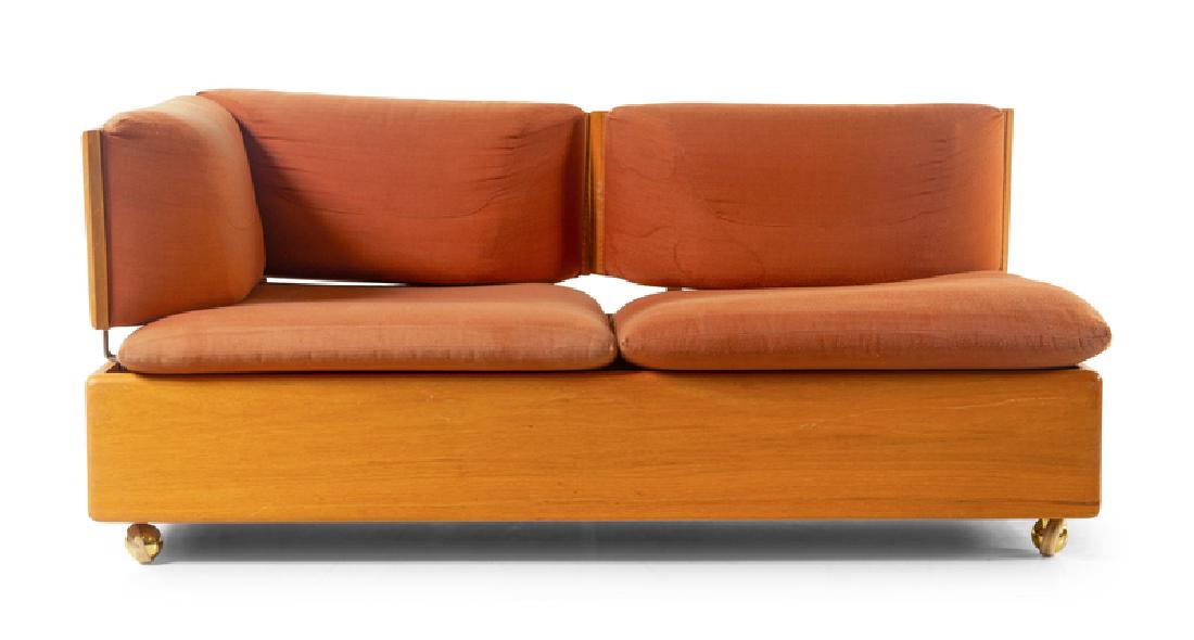 Modernist American Mid-20th Century: Modernist American Mid-20th Century modernist upholstered settee on casters oak, upholstery Length 60 inches. Provenance: Property from the Hilda Platt Trust, Highland Park, Illinois
