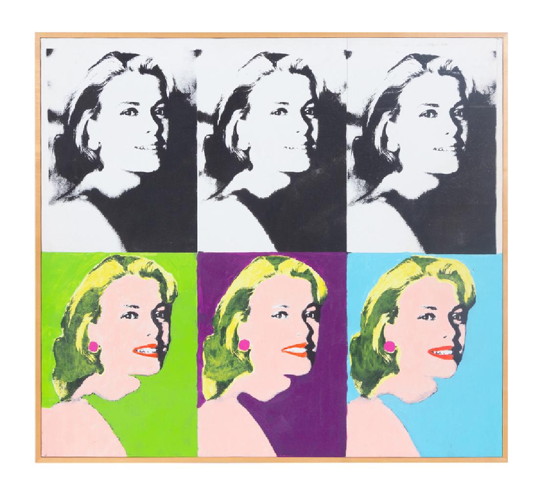In the manner of Andy Warhol (American,: In the manner of Andy Warhol (American, 1928-1978) Six Portraits of Grace Kelly silkscreen and acrylic on canvas 24 x 26 1/4 inches.