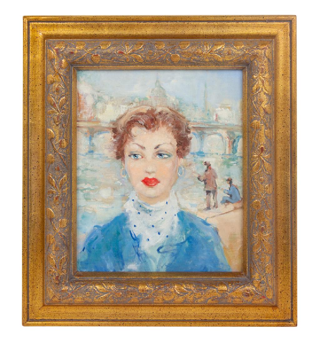 Continental School(20th century)A Woman and Fisherman: Continental School (20th century) A Woman and Fisherman along the Seine, Paris oil on board 10 x 8 inches.