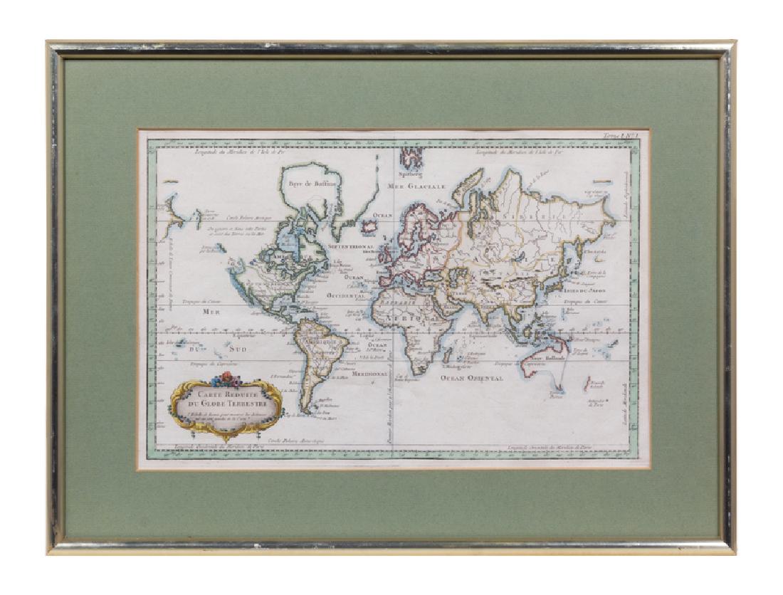 [Jacques Nicolas Bellin (1703-1772)]. Carte Reduite Du: [Jacques Nicolas Bellin (1703-1772)]. Carte Reduite Du Globe Terrestre. N.p; n.p, ca 1764. Engraved map with hand-coloring in wash and outline, visible area 9 1/4 x 14 in. (236 x 356 mm), matted and f