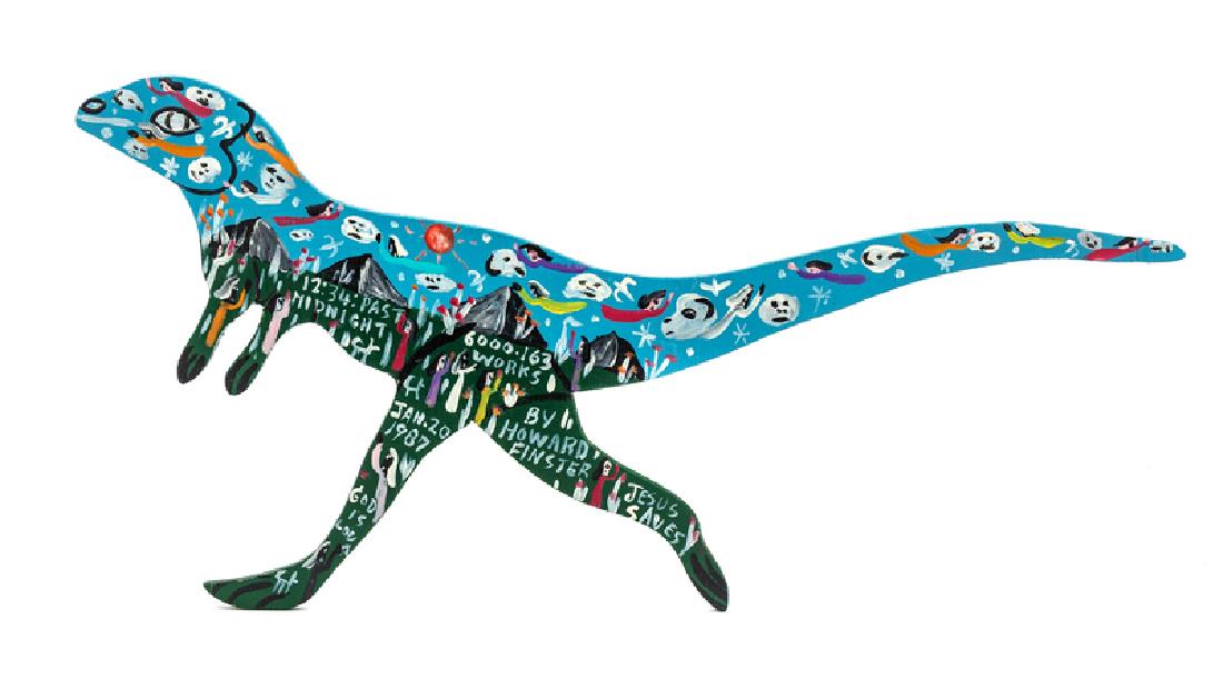 Howard Finster (American, 1916-2001) Dinosaur Figure, : Howard Finster (American, 1916-2001) Dinosaur Figure, 1987 mixed media on board signed, titled and dated Height: 9 inches.