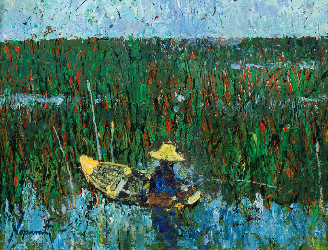 Noparat Livisiddhi (Thai, b. 1932) Figure in a Boat in: Noparat Livisiddhi (Thai, b. 1932) Figure in a Boat in a Marsh oil on canvas signed (lower left) 9 x 11 1/2 inches. Property from the Estate of a Gentleman