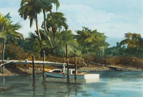 Ogden Minton Pleissner  (American, 1905-1983) Fishing: Ogden Minton Pleissner (American, 1905-1983) Fishing Boat, Sea Island, Georgia watercolor on paper signed Pleissner (lower left); titled (verso) 9 1/2 x 6 1/4 inches. Provenance: Lapham & Dibble Galle