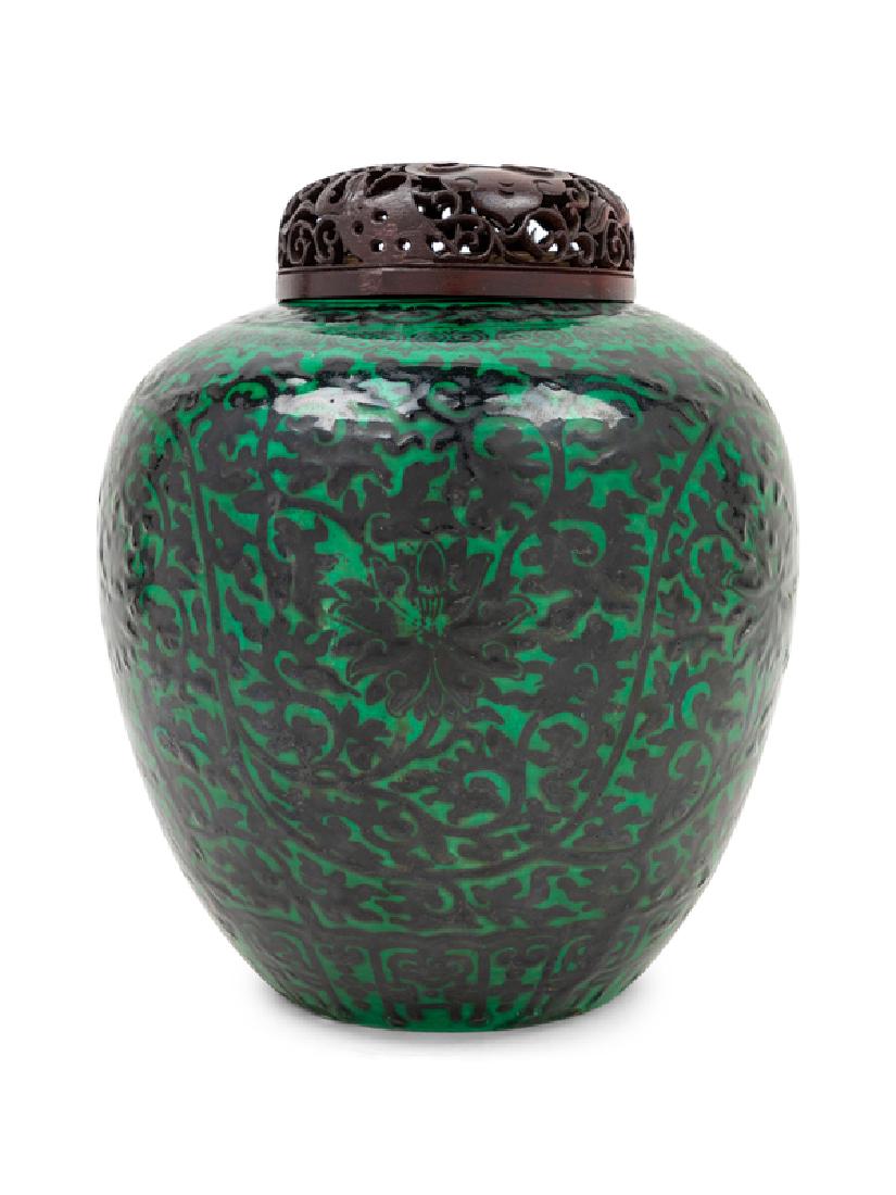 A Chinese Black Decorated Green Glazed Ginger Jar 20TH (1 of 1)