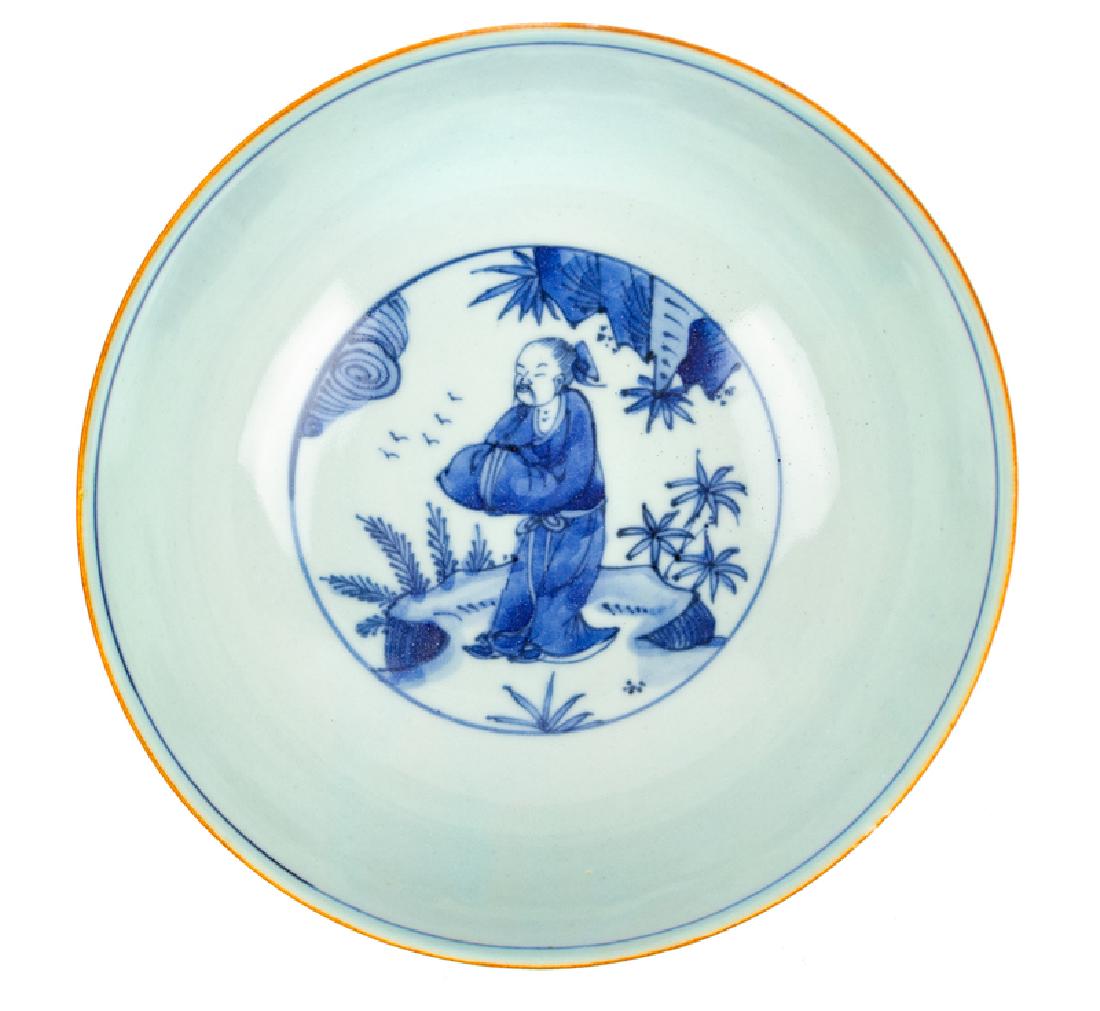 A Chinese Blue and White Porcelain Bowl the U-shape: A Chinese Blue and White Porcelain Bowl the U-shape sides rising from a short straight foot, decorated with a scholar seat in a patio, the base bearing a six-character Chenghua mark. 18 diam centimete