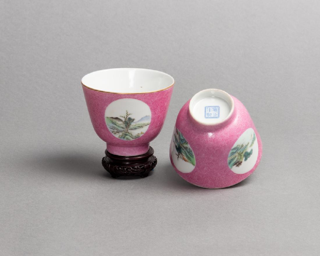 A Pair of Chinese Pink Enameled Sgrafitto Porcelain: A Pair of Chinese Pink Enameled Sgrafitto Porcelain Wine Cups 19TH CENTURY 9 diam centimeters,3 1/2 diam inches Property from the Collection of Ms. Donna Kostecki, Crown Point, Indiana Estate of Mary 