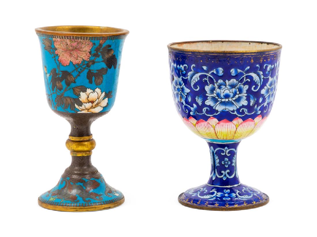 Two Chinese Painted Enamel Cups both painted on blue (1 of 1)