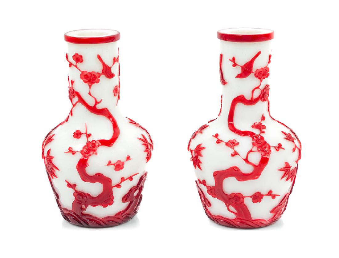 A Pair of Chinese Red Overlay White Glass Mallet Vases (1 of 1)