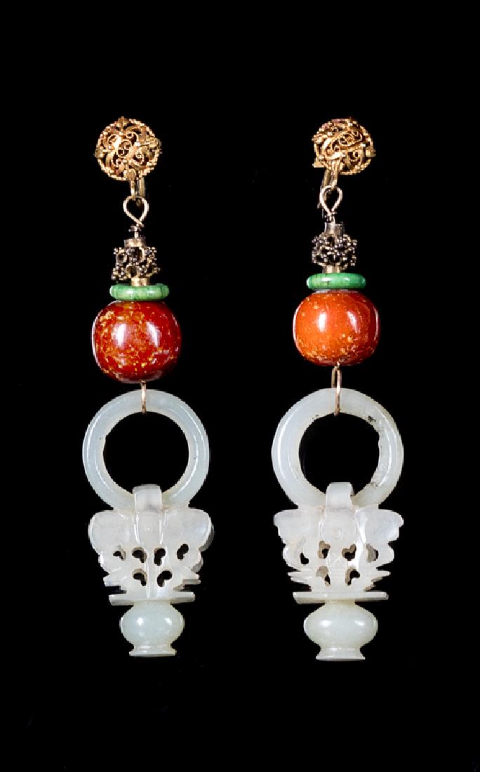 A Pair of Chinese Jade and Cinnabar Beads Earrings LATE (1 of 1)