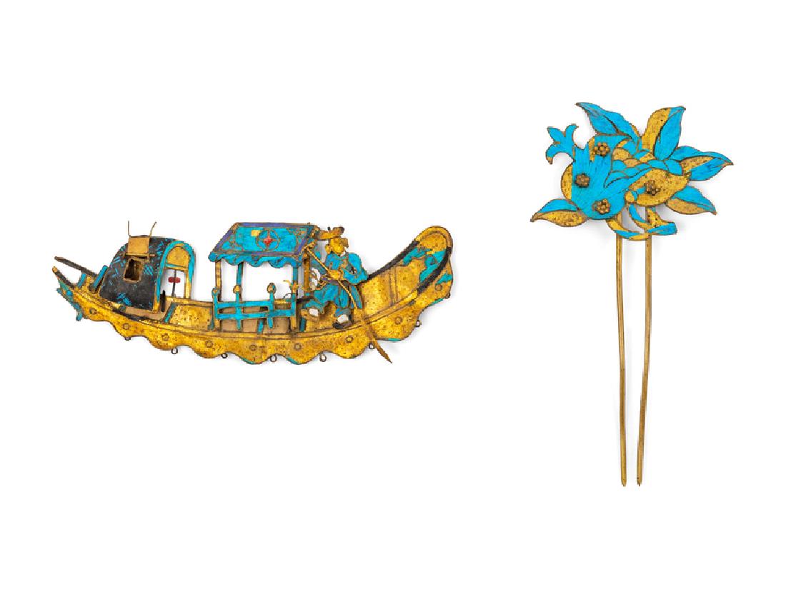 Two Chinese Kingfisher Feather Inlaid Metal Jewelry (1 of 1)