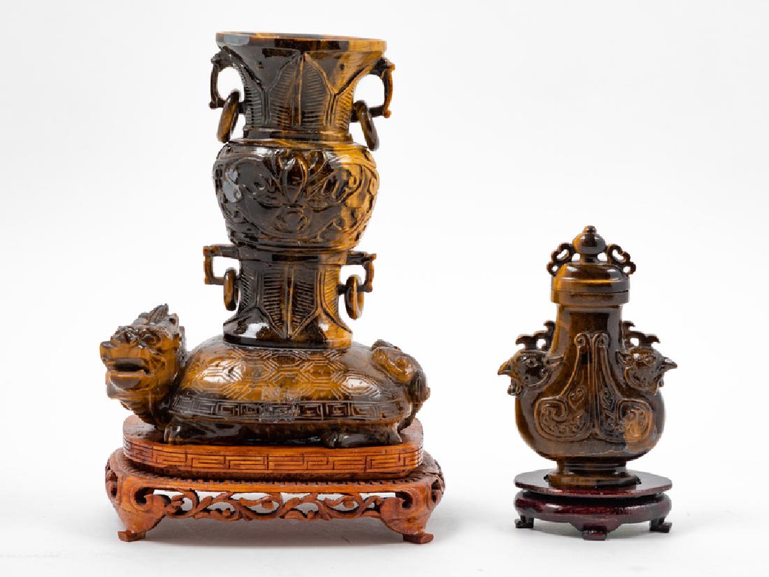 Two Chinese Tiger's Eye Stone Vases the first a (1 of 1)