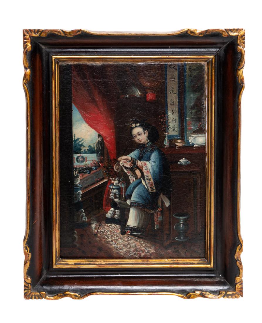Chinese School Lady Sit buy the Window oil on canvas,: Chinese School Lady Sit buy the Window oil on canvas, framed 28 height x 46 width centimeters Property from an Important Chicago Collection