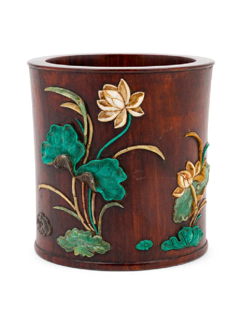 A Chinese Hardstone Inset Hardwood Brushpot 20TH (1 of 1)