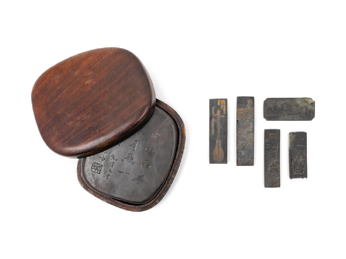 A Set of Five Chinese Inkcakes and One Inkstone Set: A Set of Five Chinese Inkcakes and One Inkstone Set EARLY 20TH CENTURY Box: 21 width centimeters,Box: 8 1/4 width inches