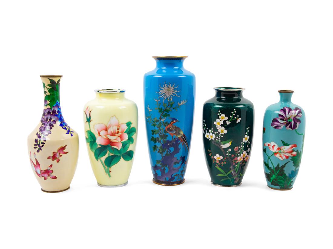Five Japanese Cloisonné Enamel Bottle Vases 20TH (1 of 1)