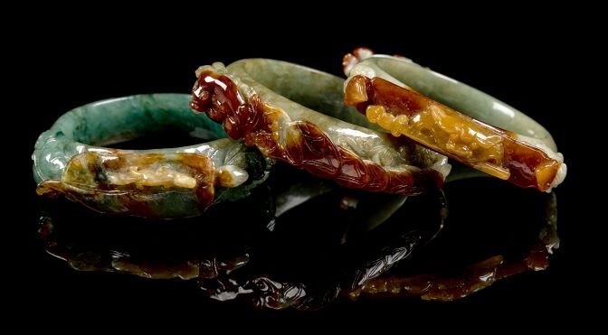 Three Chinese Russet and Green Jadeite Bangles (1 of 1)