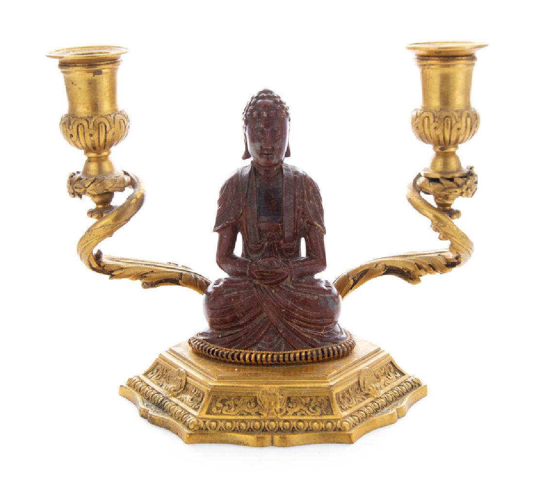 *A Chinese Hardstone Mounted Gilt Bronze Two-Light (1 of 1)