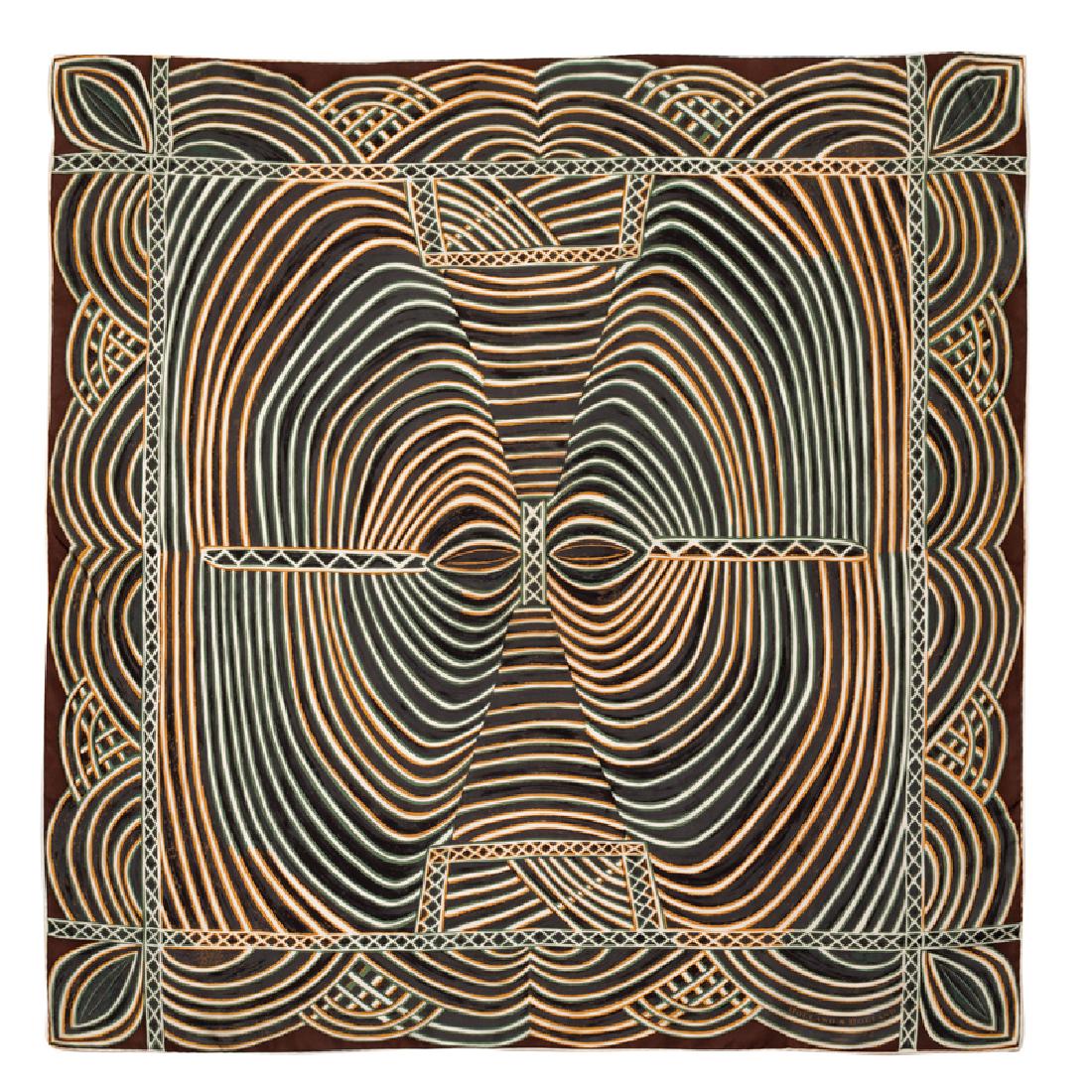 Holland & Holland Scarf, 1930-70s: Holland & Holland Scarf, 1930-70s Scarf printed with black, yellow, blue and white pattern in sweeping lines. Label: Holland & Holland London / All Silk Handmade in Italy Measurements: 34" x 34" Con