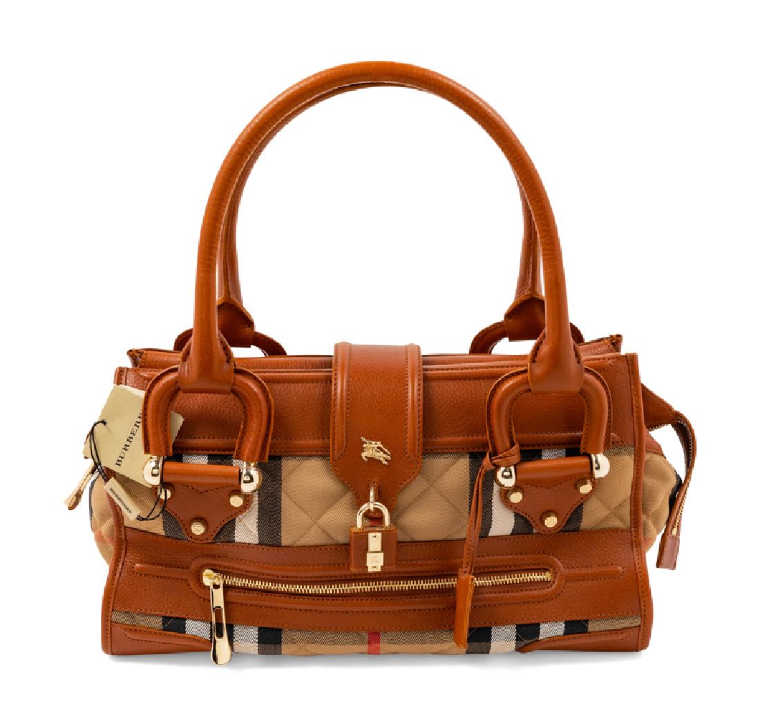 Burberry Manor Handbag, 1990-2000s: Burberry Manor Handbag, 1990-2000s Quilted plaid canvas with brown leather and goldtone hardware, front zip pocket, dark plaid interior lining with three slip pockets and one zip pocket, top zip closu