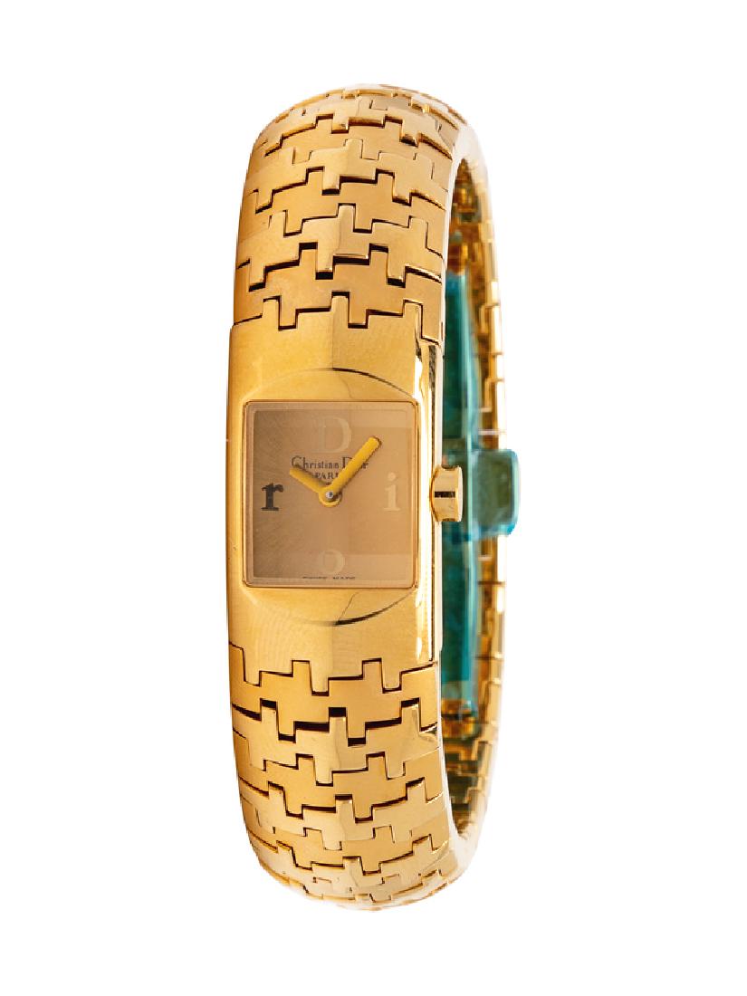 Christian Dior Diorific Watch, c. 2004: Christian Dior Diorific Watch, c. 2004 Goldtone houndstooth links, goldtone face with sapphire crystal, stainless steel push button hidden clasp. Water Resistant. Circumference: 6"; face: .75" x .75".