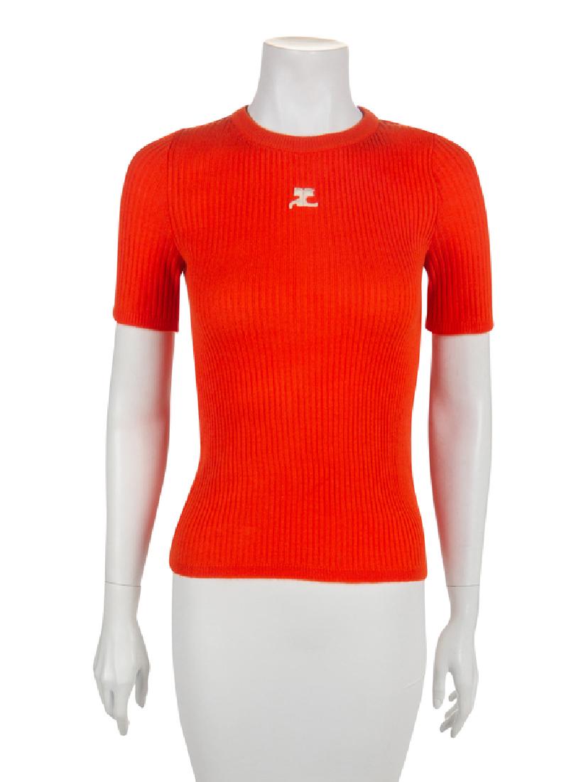 Courreges Top, 1960-70s: Courreges Top, 1960-70s Orange acrylic knit top with crew neckline and short sleeves. The designer's initials, AC for Andre Courreges, are appliqued to the center front neckline. Label: Courreges /