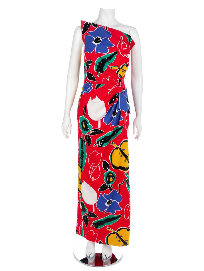 Scassi Dress, 1980s: Scassi Dress, 1980s Red strapless dress printed with large floral design in primary colors and embroidered with black sequins. The dress is gathered into the left side, which is finished with an appli