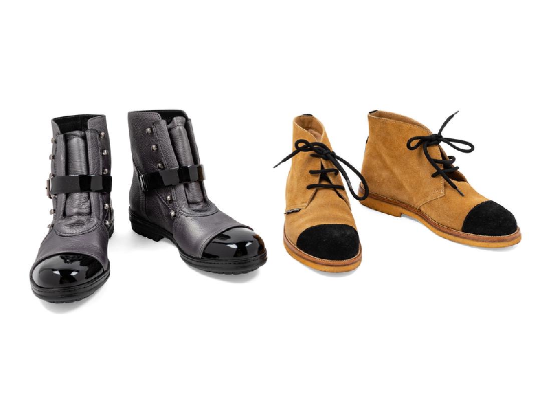 Two Pairs of Unworn Chanel Boots, 1990-2000s: Two Pairs of Unworn Chanel Boots, 1990-2000s The first: tan suede ankle boots with black suede toe and rubber sole. The second: silver short boots with patent leather toe and single strap. Stamped: Ch