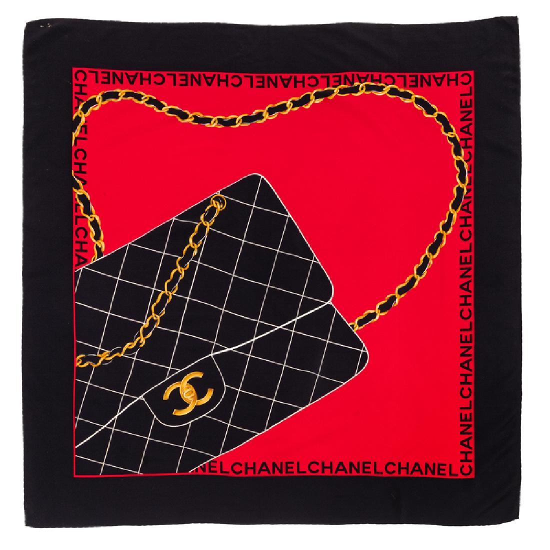 Chanel Silk Scarf, 1980-90s: Chanel Silk Scarf, 1980-90s Black border with red center and a black handbag. Approximate size: 32" x 32". Labeled within the print: Chanel. Provenance: Estate of Jacqueline Macomber, Fox Point, Wisco