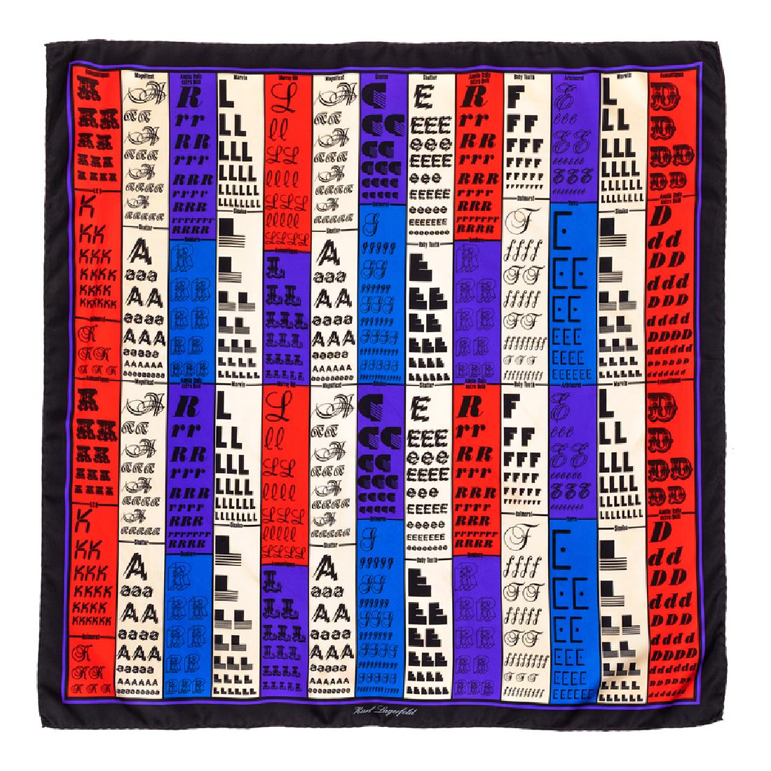 Karl Lagerfeld Scarf, 1980s: Karl Lagerfeld Scarf, 1980s Printed with the letters in Karl's first name in different fonts. Stamped Karl Lagerfeld in print. Condition: Overall good condition. The stated overall condition of the lo