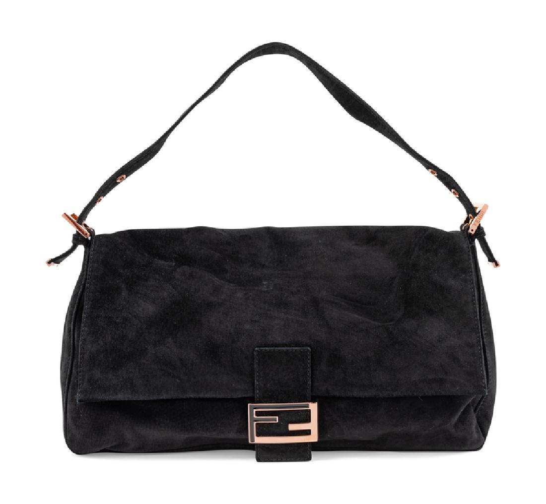 Fendi Baguette, 1990-2000s: Fendi Baguette, 1990-2000s Black suede with rosetone hardware, blue green lining with a zip pocket, front flap with logo hardware and a magnetic snap button closure with a adjustable flat leather shou