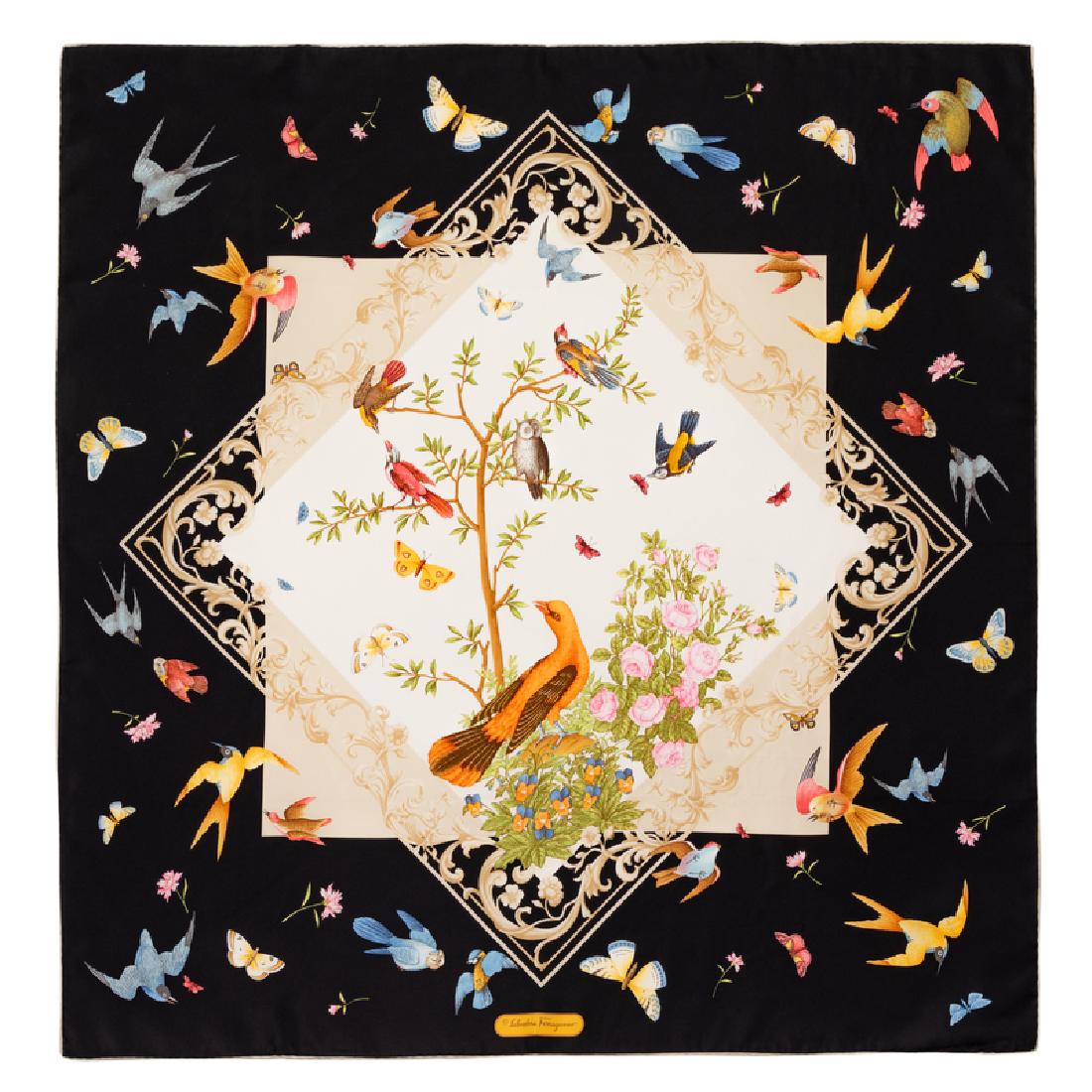 Salvatore Ferragamo Silk Scarf, 1980-90s: Salvatore Ferragamo Silk Scarf, 1980-90s Black silk with gold bird motif. Unworn with original retail tags. Labeled within the print: Salvatore Ferragamo Approximate Size: 36" x 36" Condition: Overall