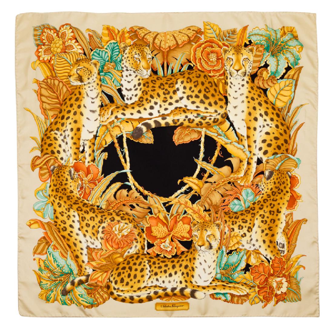Salvatore Ferragamo Silk Scarf, 1990-2000s: Salvatore Ferragamo Silk Scarf, 1990-2000s Cream motif with leopards and fauna.Â Labeled within the print: Salvatore Ferragamo Approximate Size: 36" x 36"Â